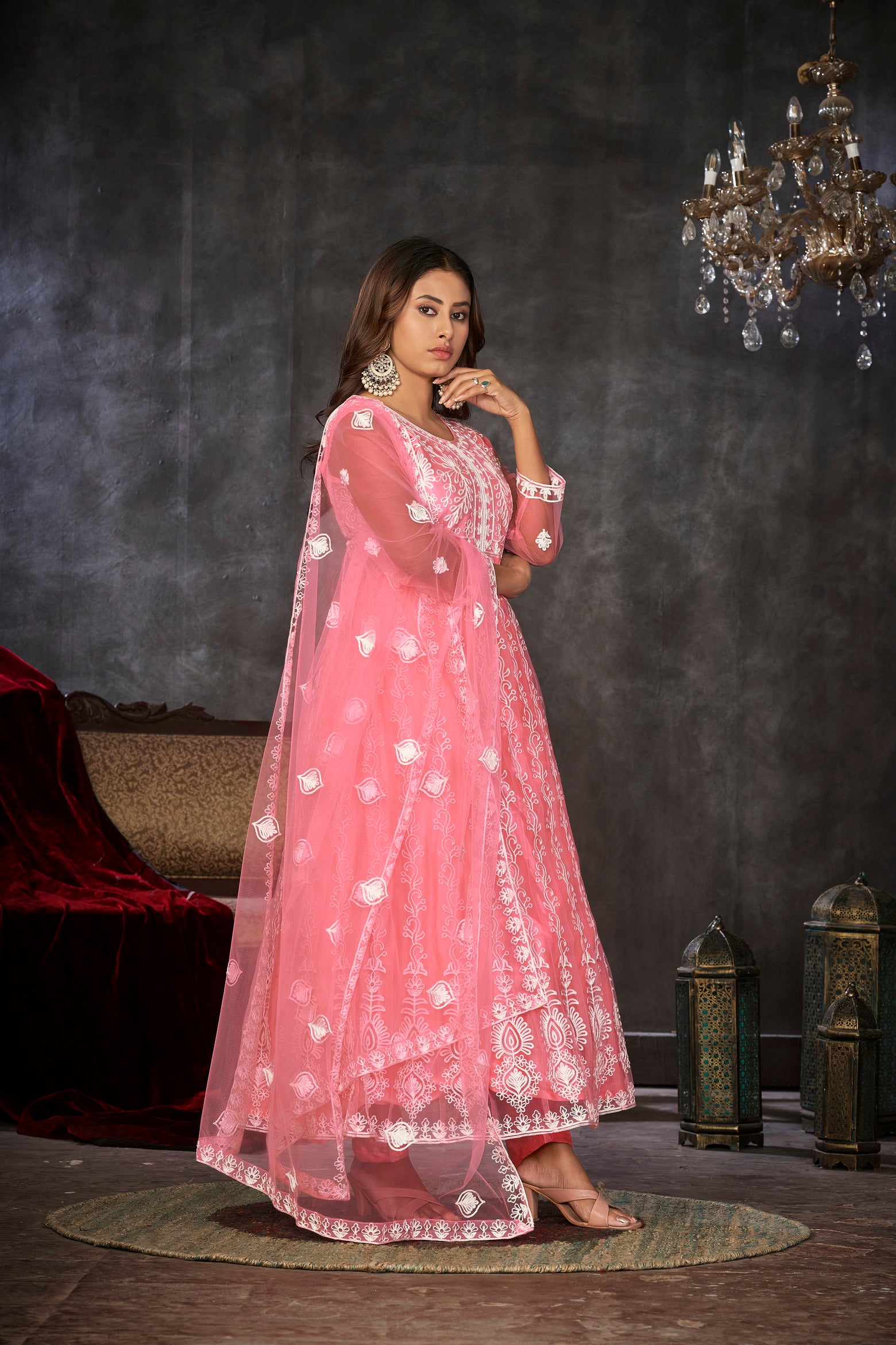 Pink & White Embroidered Anarkali Suit Look