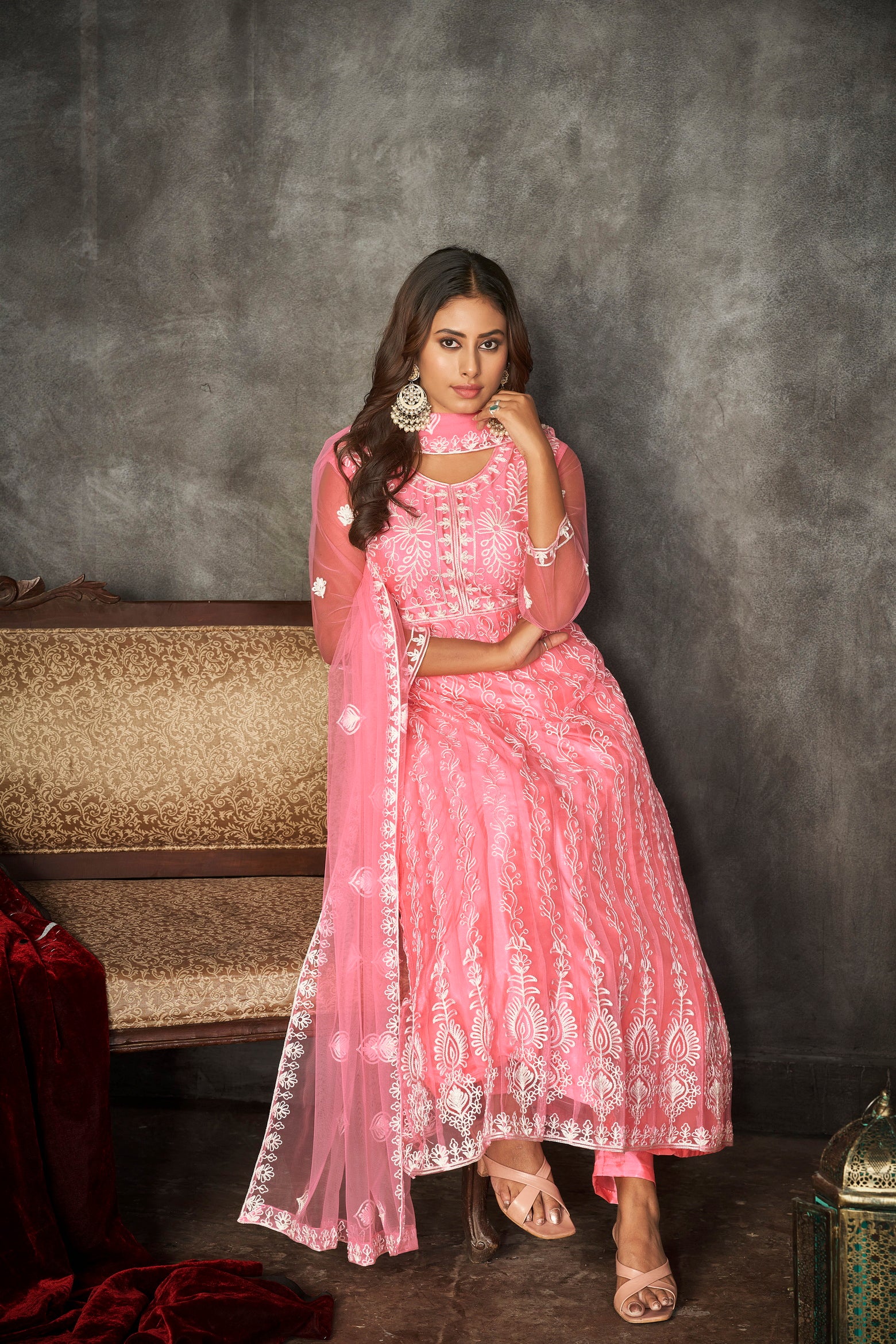 Pink & White Embroidered Anarkali Suit Look