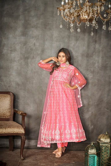 Pink & White Embroidered Anarkali Suit Look