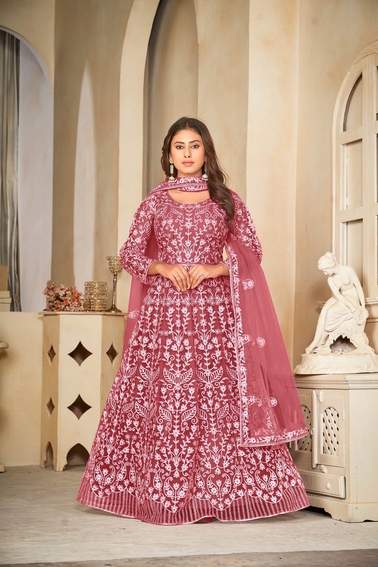 Mild Pink & White Embroidered Anarkali Suit Look
