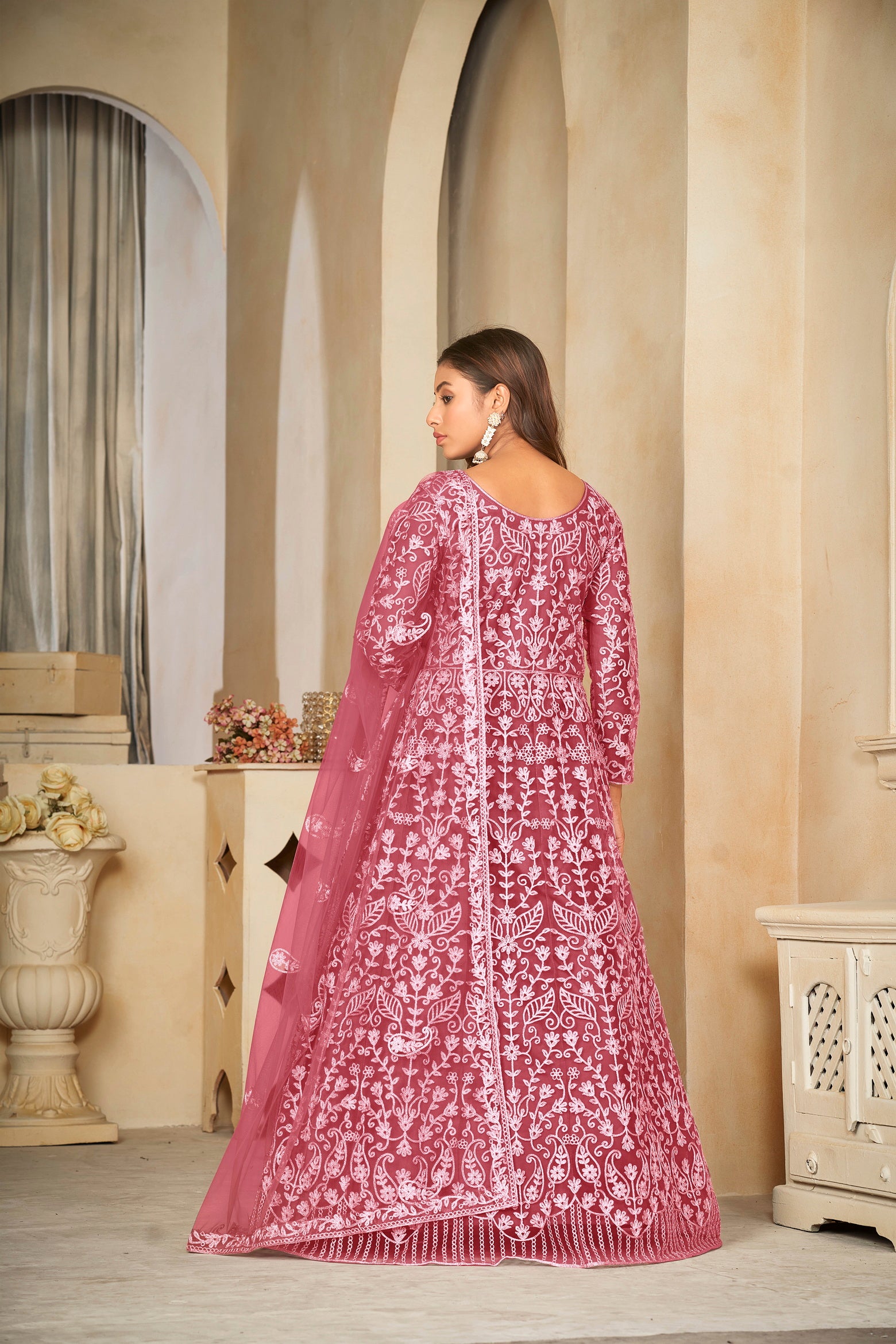 Mild Pink & White Embroidered Anarkali Suit Look