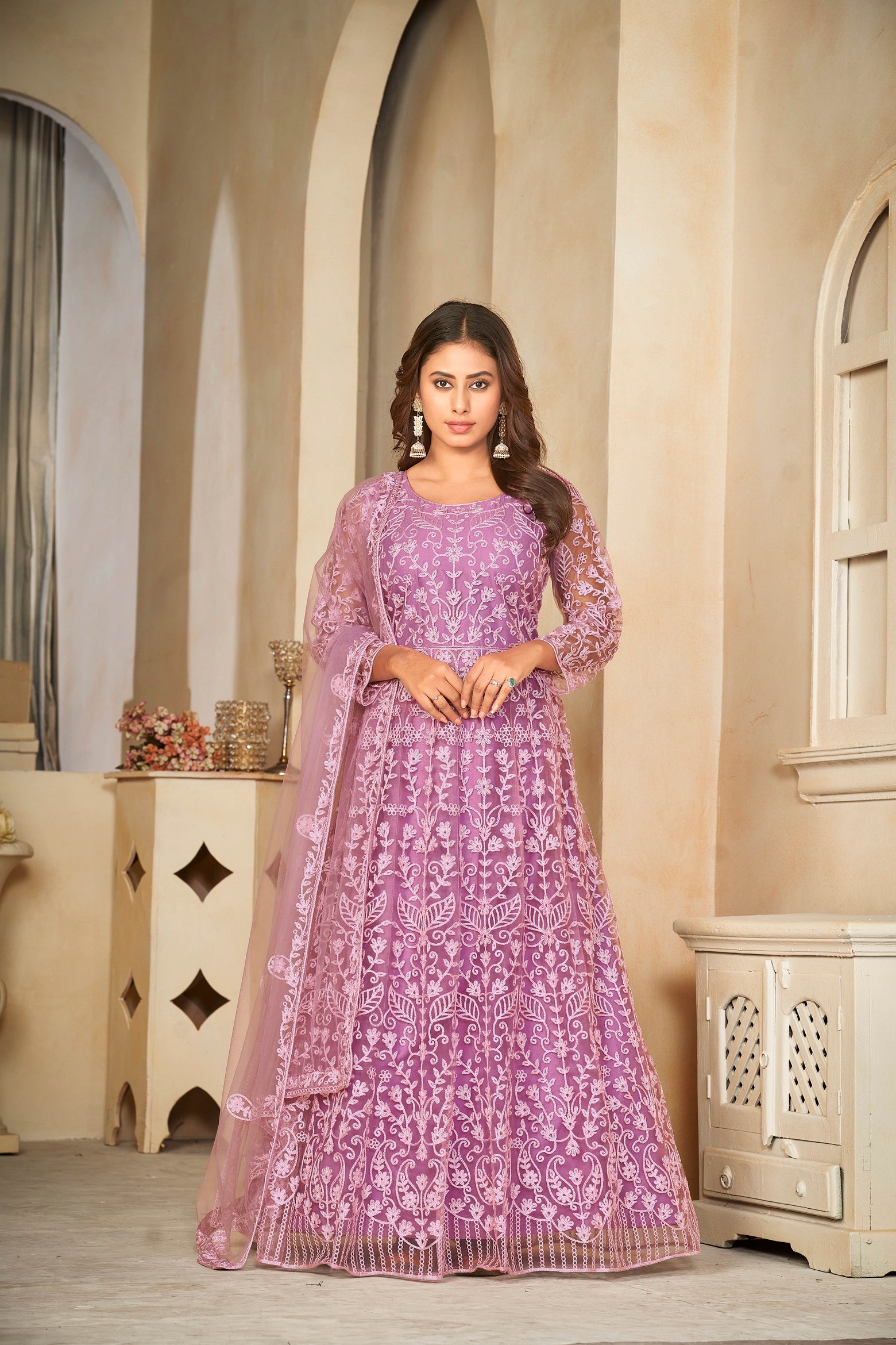 Purple & White Embroidered Anarkali Suit Look