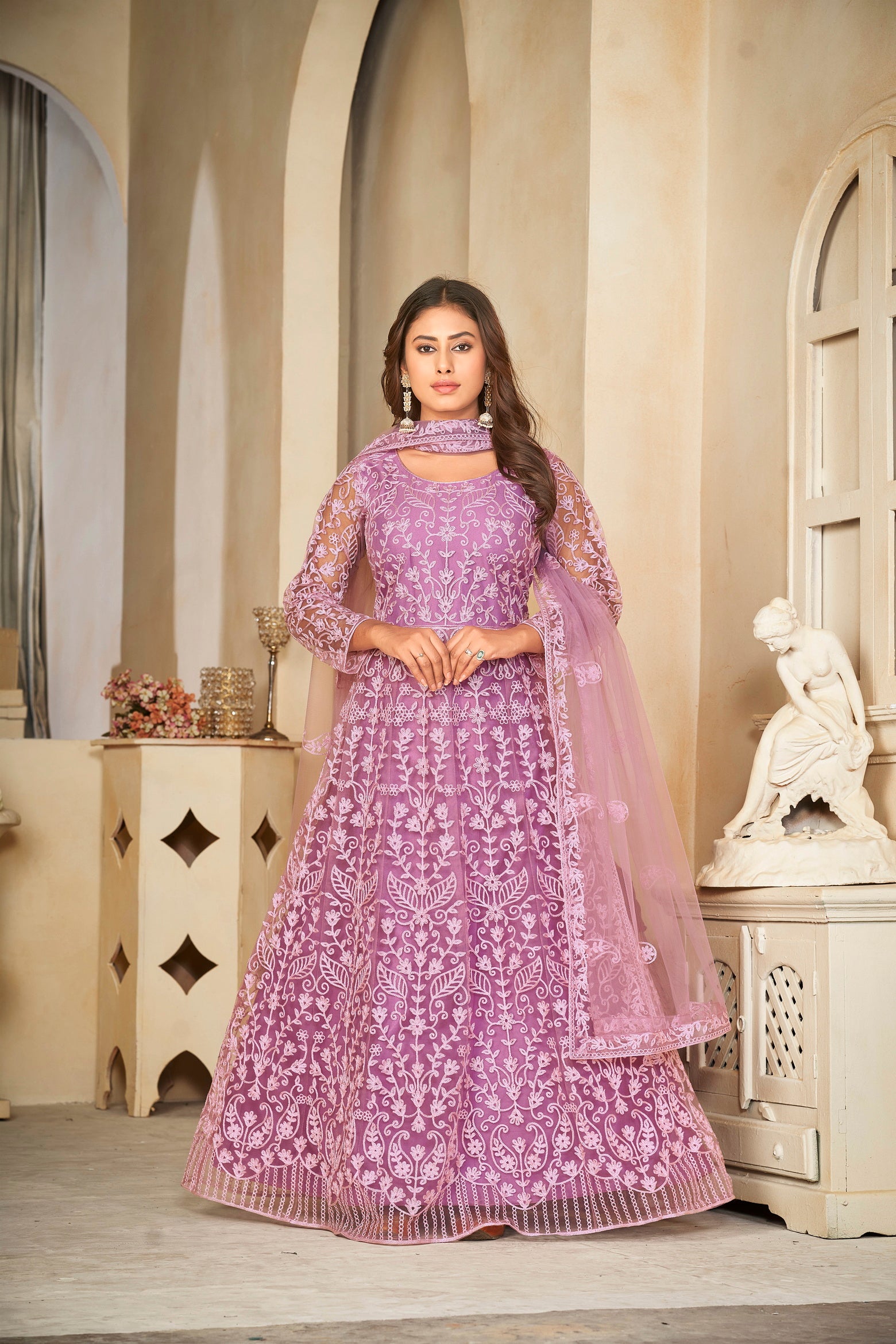 Purple & White Embroidered Anarkali Suit Look