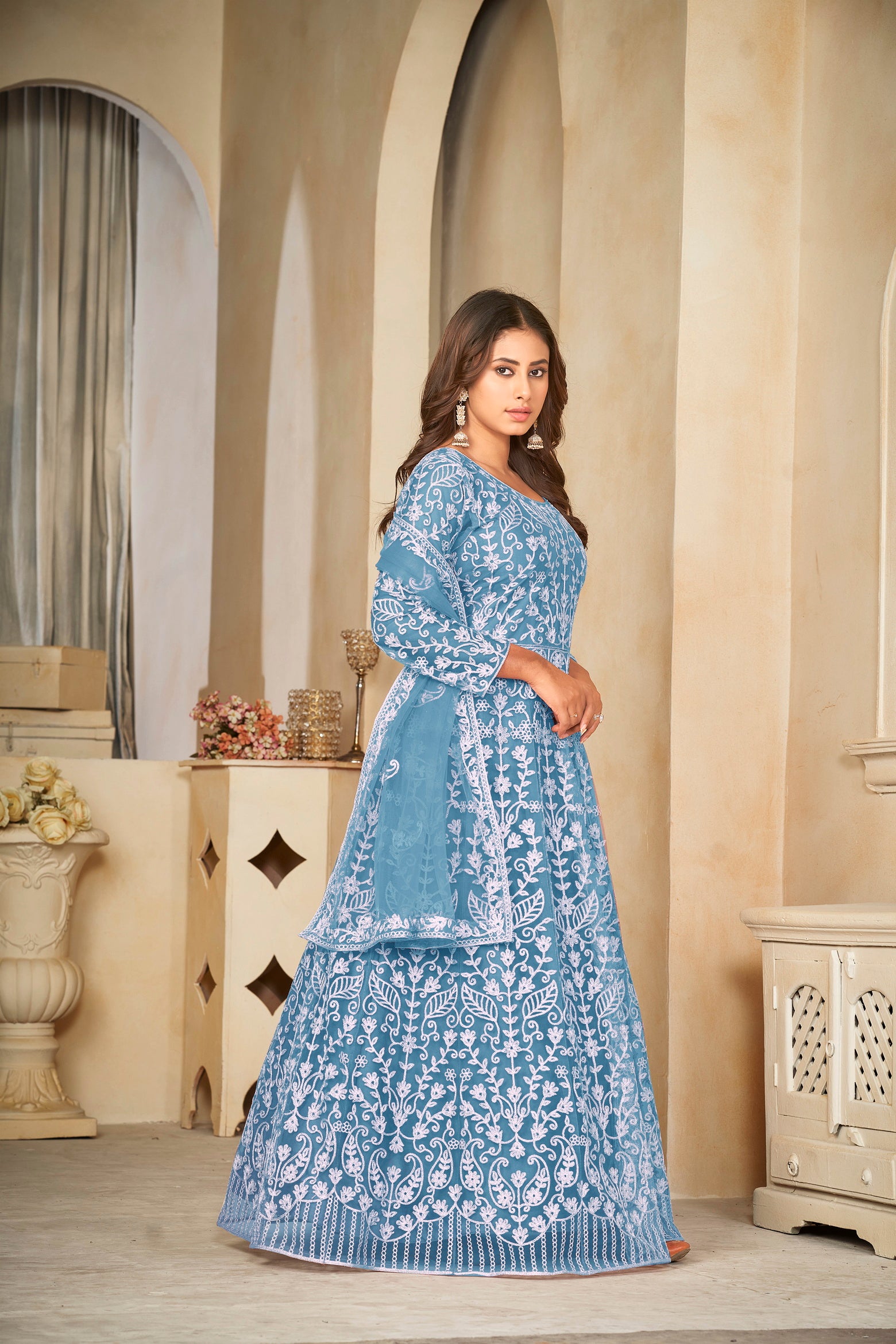 Sky Blue & White Embroidered Anarkali Suit Look