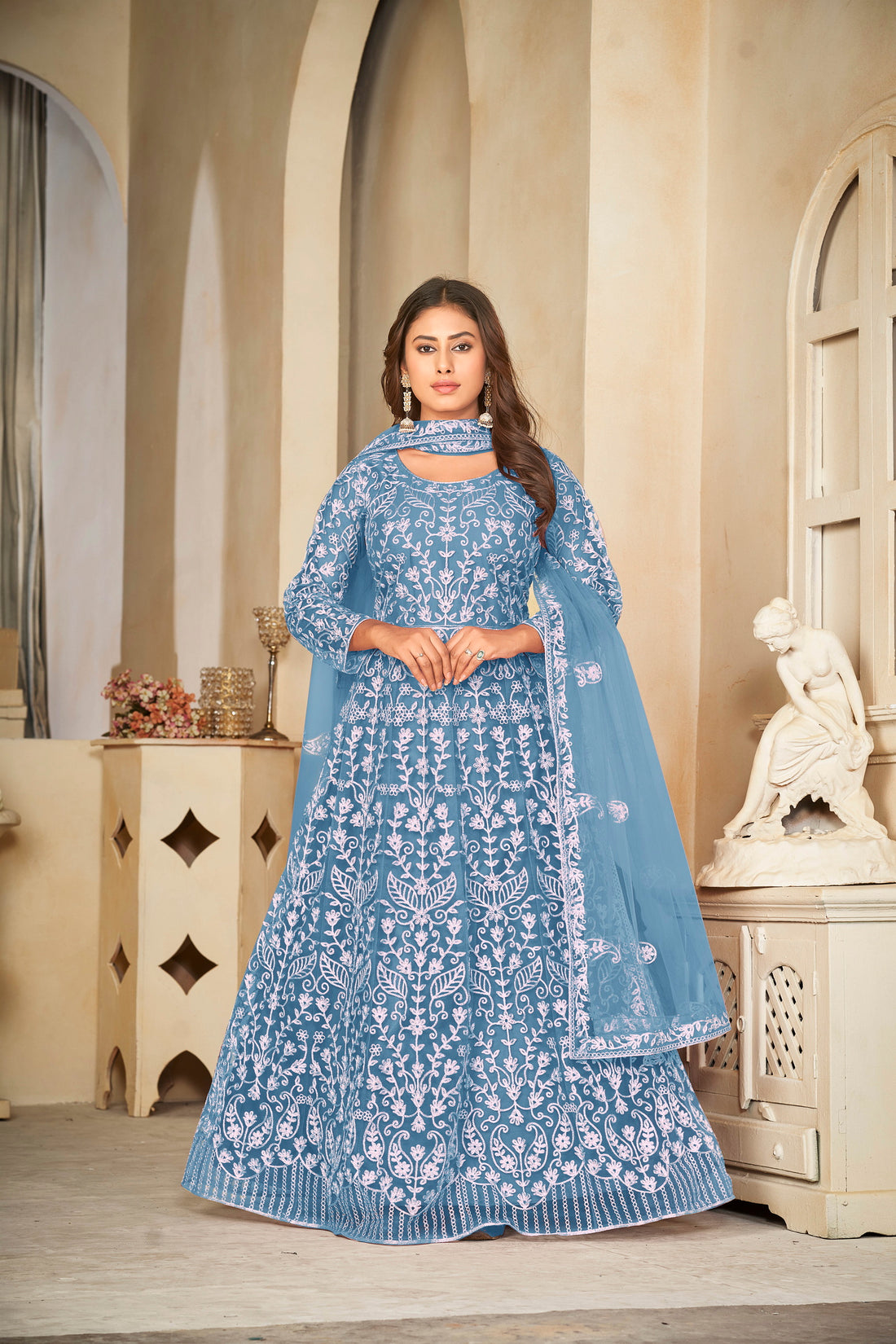 Sky Blue & White Embroidered Anarkali Suit Look