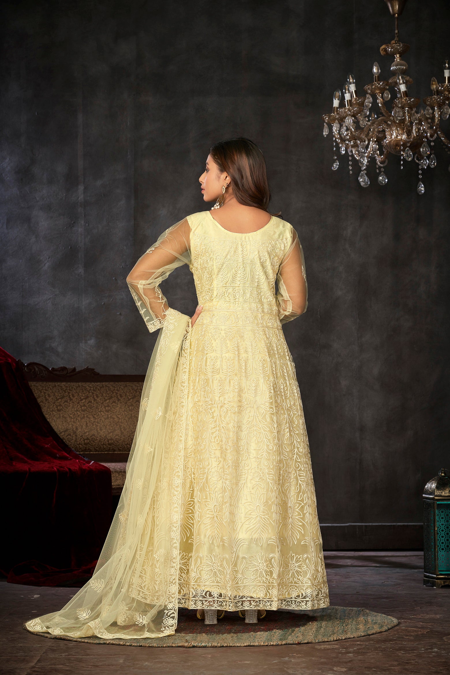 Delicate Light Yellow Net Anarkali Suit with Intricate All-Over Embroidery