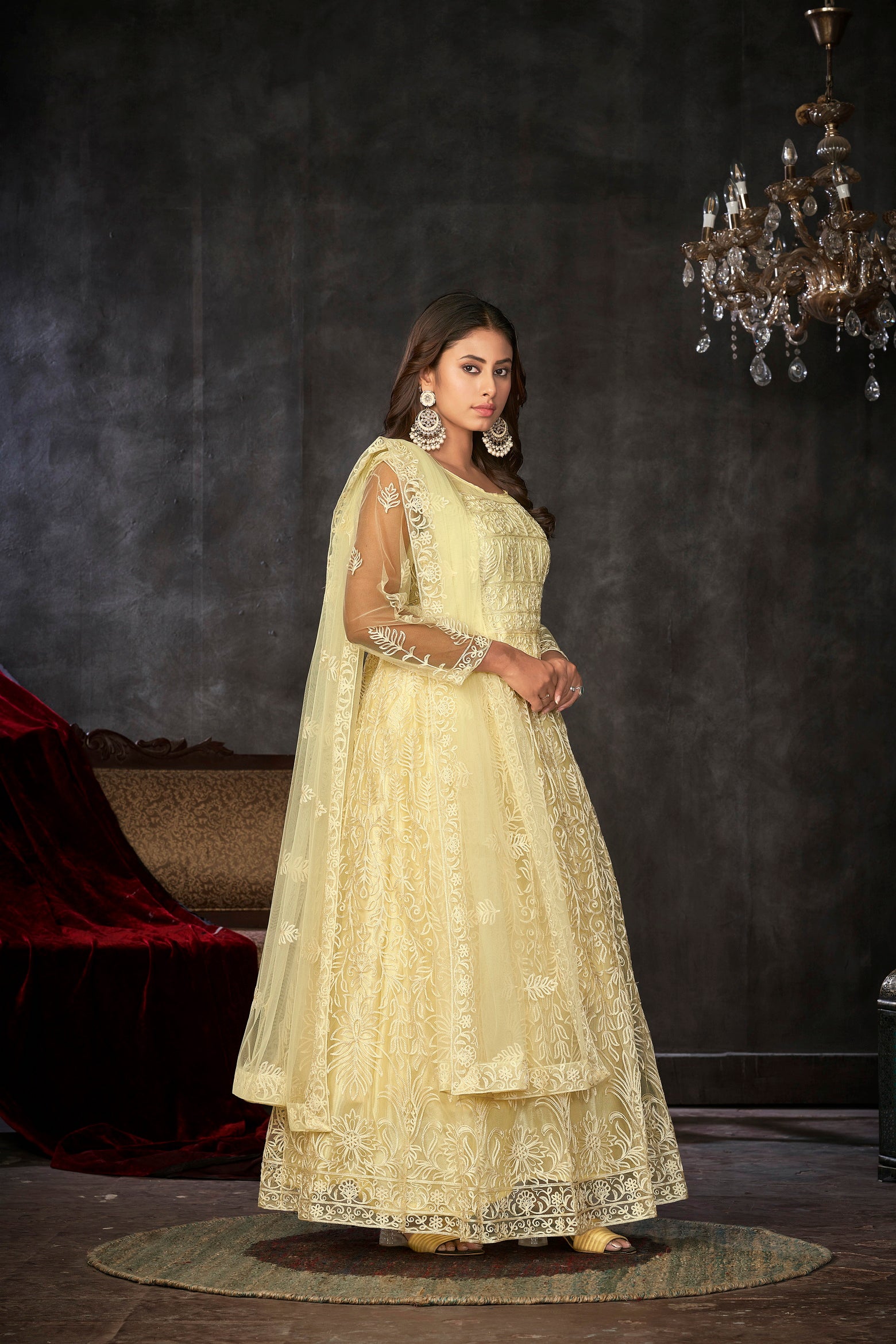 Delicate Light Yellow Net Anarkali Suit with Intricate All-Over Embroidery
