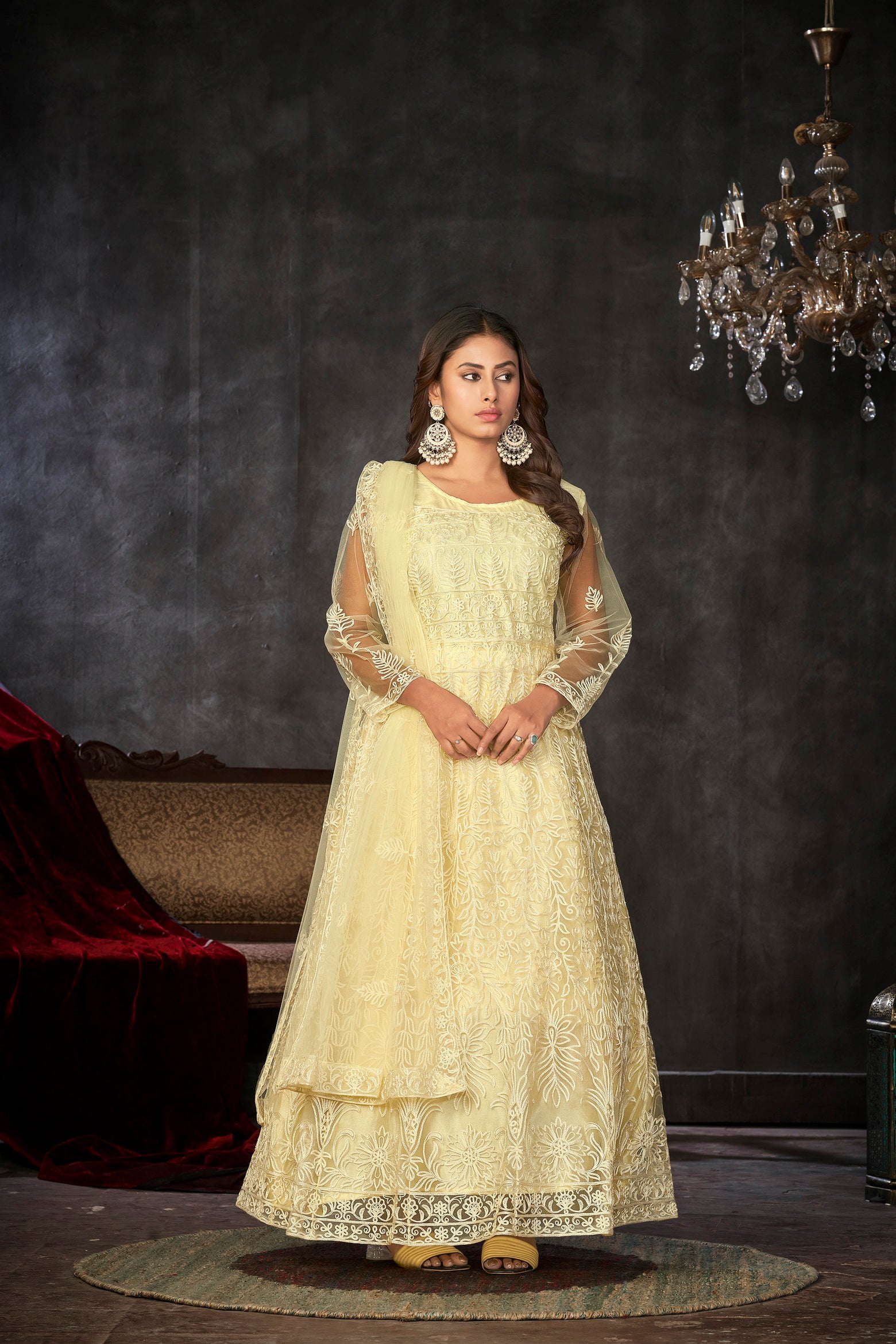 Delicate Light Yellow Net Anarkali Suit with Intricate All-Over Embroidery