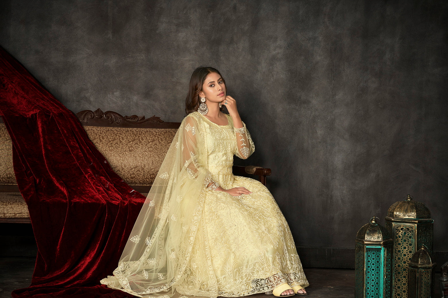 Delicate Light Yellow Net Anarkali Suit with Intricate All-Over Embroidery