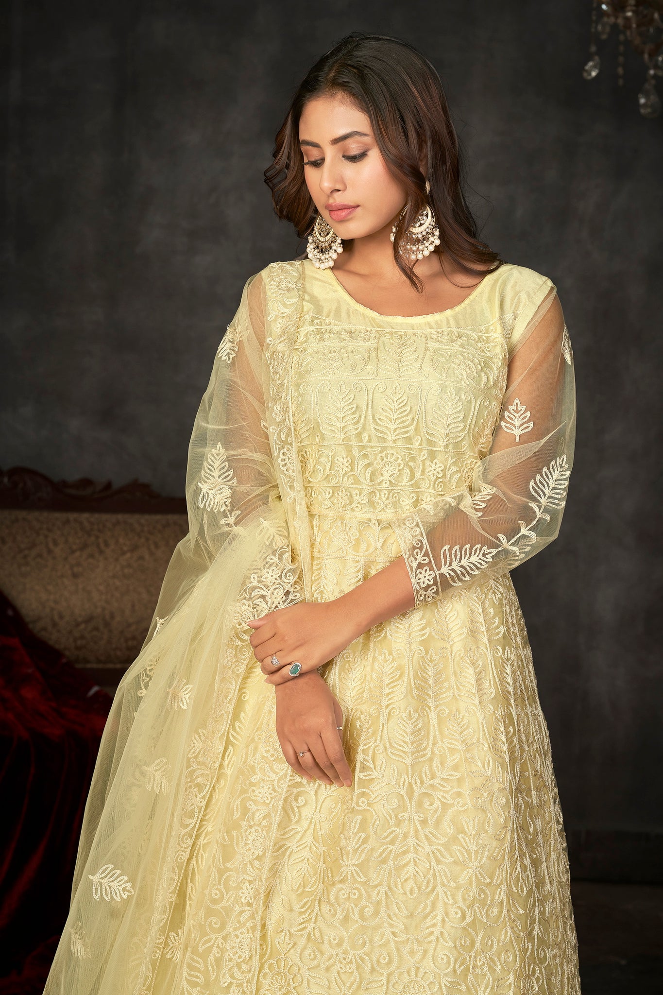 Delicate Light Yellow Net Anarkali Suit with Intricate All-Over Embroidery
