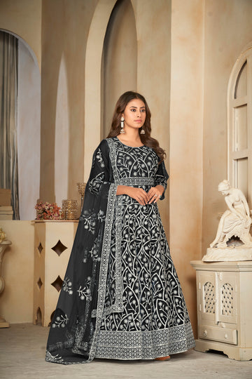 Delicate Black Net Anarkali Suit with Intricate All-Over Embroidery
