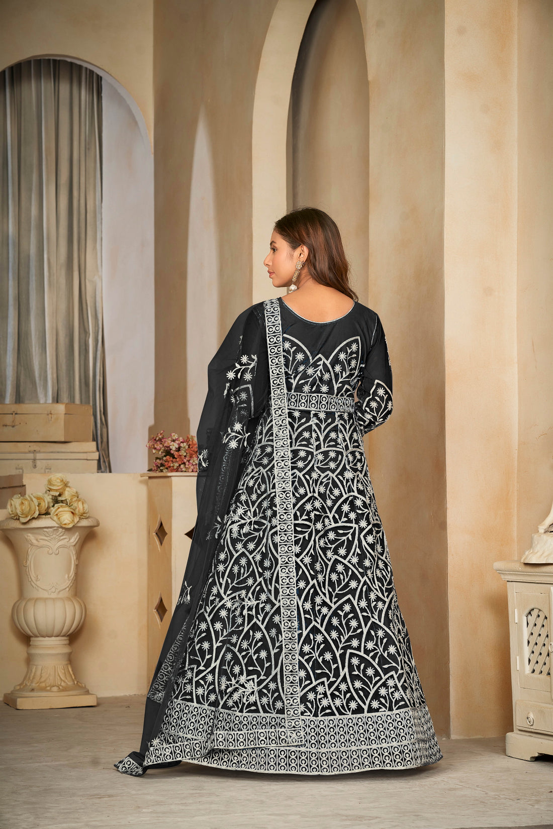 Delicate Black Net Anarkali Suit with Intricate All-Over Embroidery