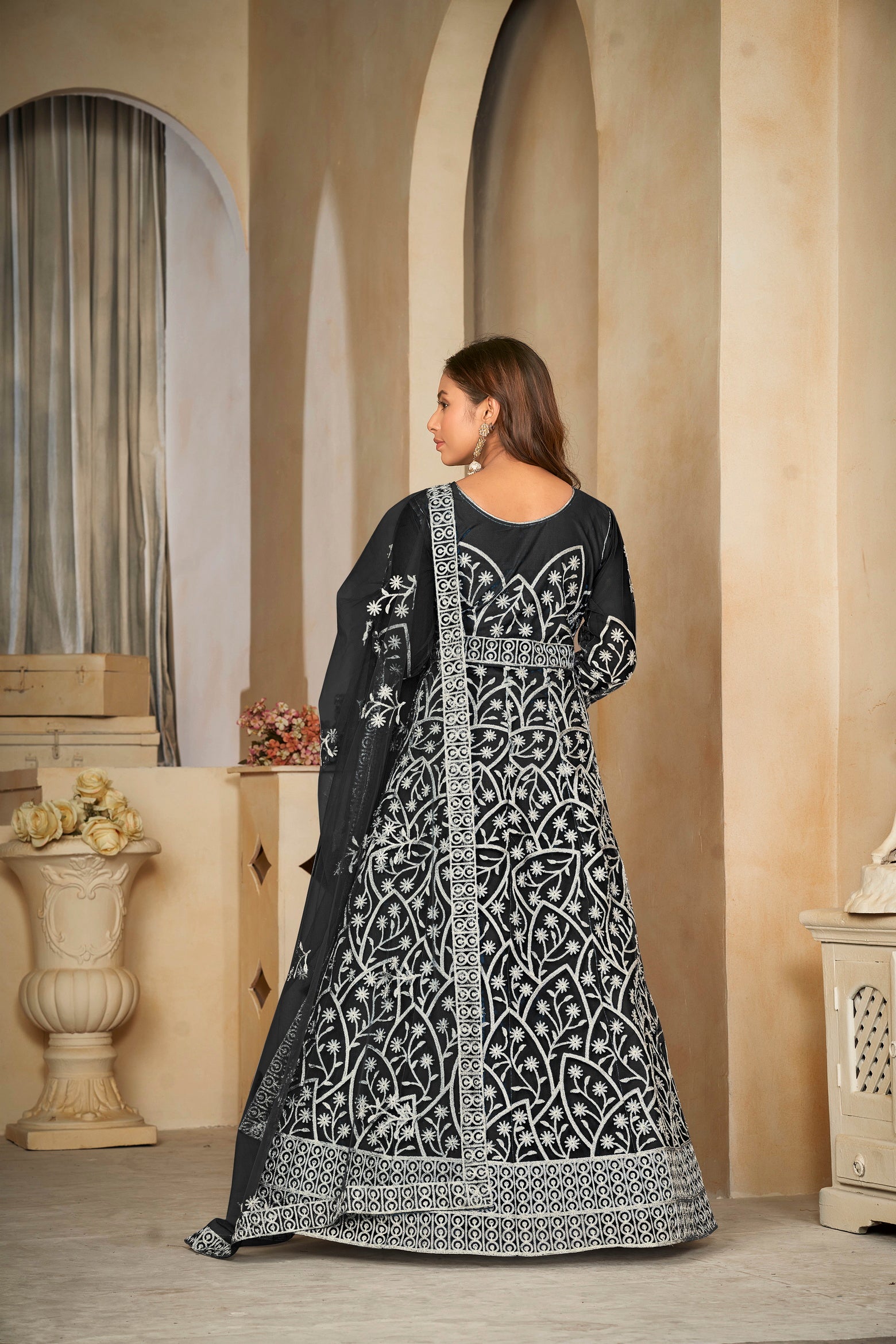 Delicate Black Net Anarkali Suit with Intricate All-Over Embroidery