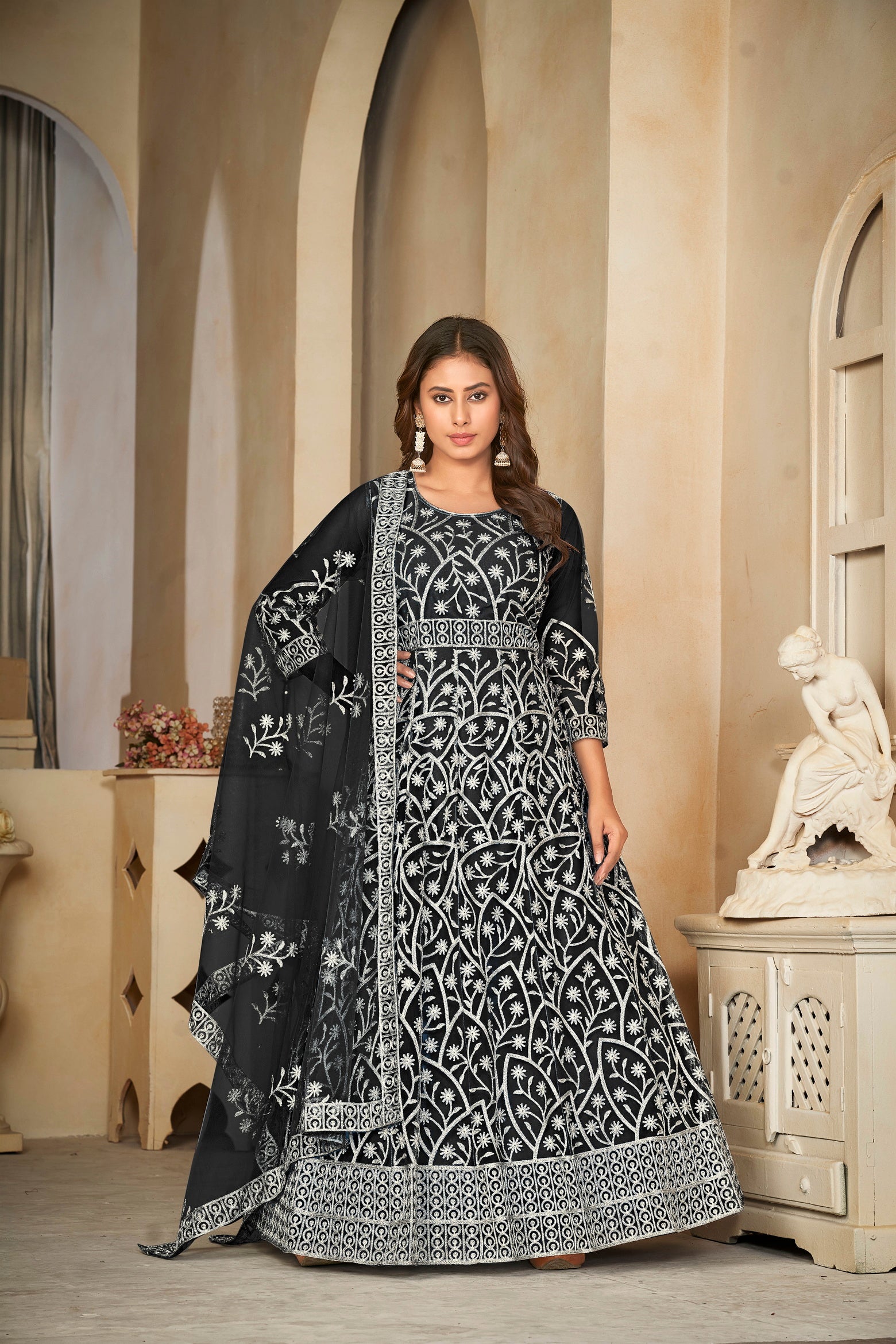 Delicate Black Net Anarkali Suit with Intricate All-Over Embroidery