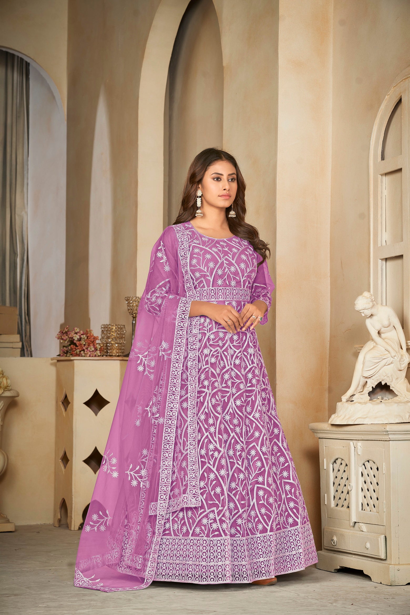 Delicate Purple Net Anarkali Suit with Intricate All-Over Embroidery