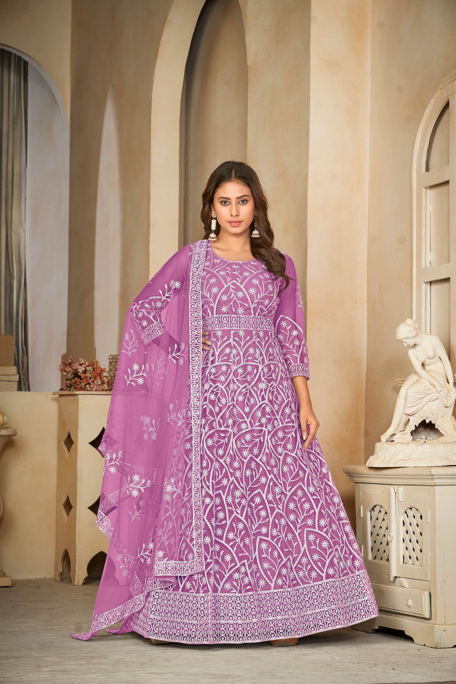 Delicate Purple Net Anarkali Suit with Intricate All-Over Embroidery