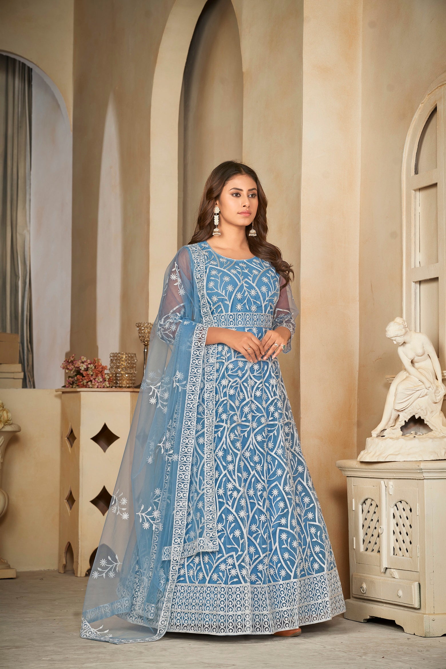Delicate Sky Blue Net Anarkali Suit with Intricate All-Over Embroidery