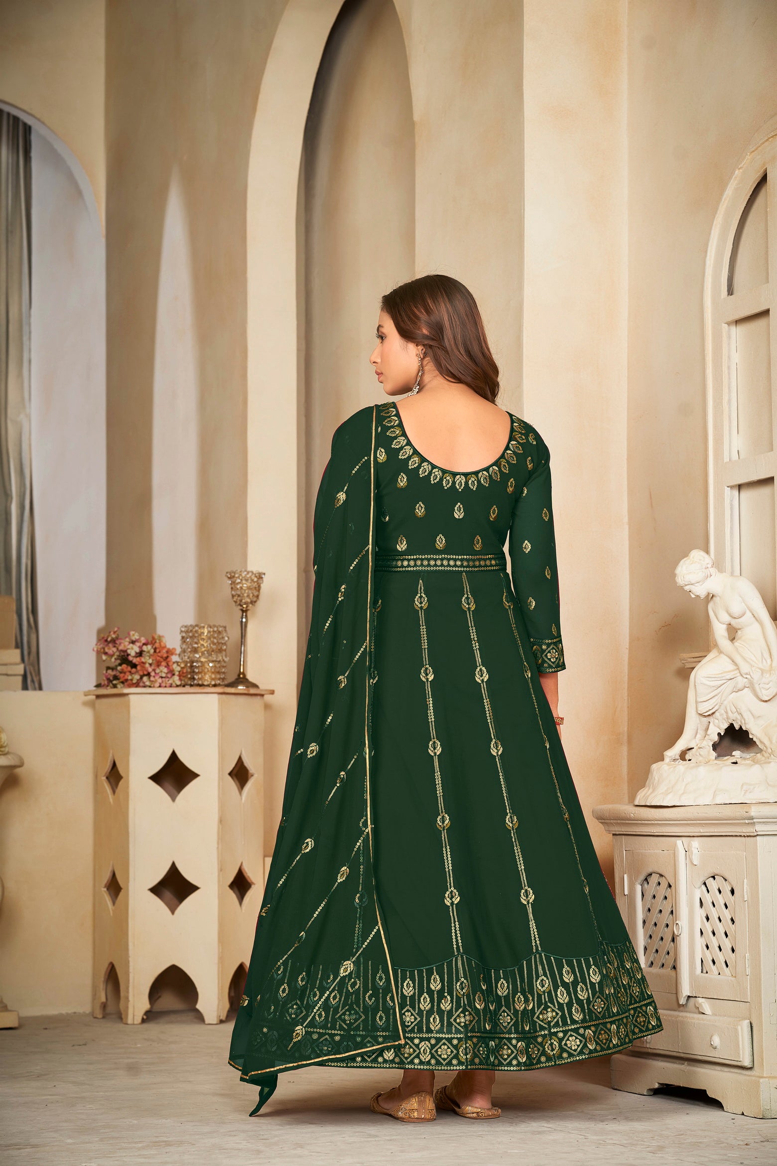 Bottle Green Anarkali Suit with Golden Foil Print