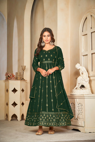 Bottle Green Anarkali Suit with Golden Foil Print
