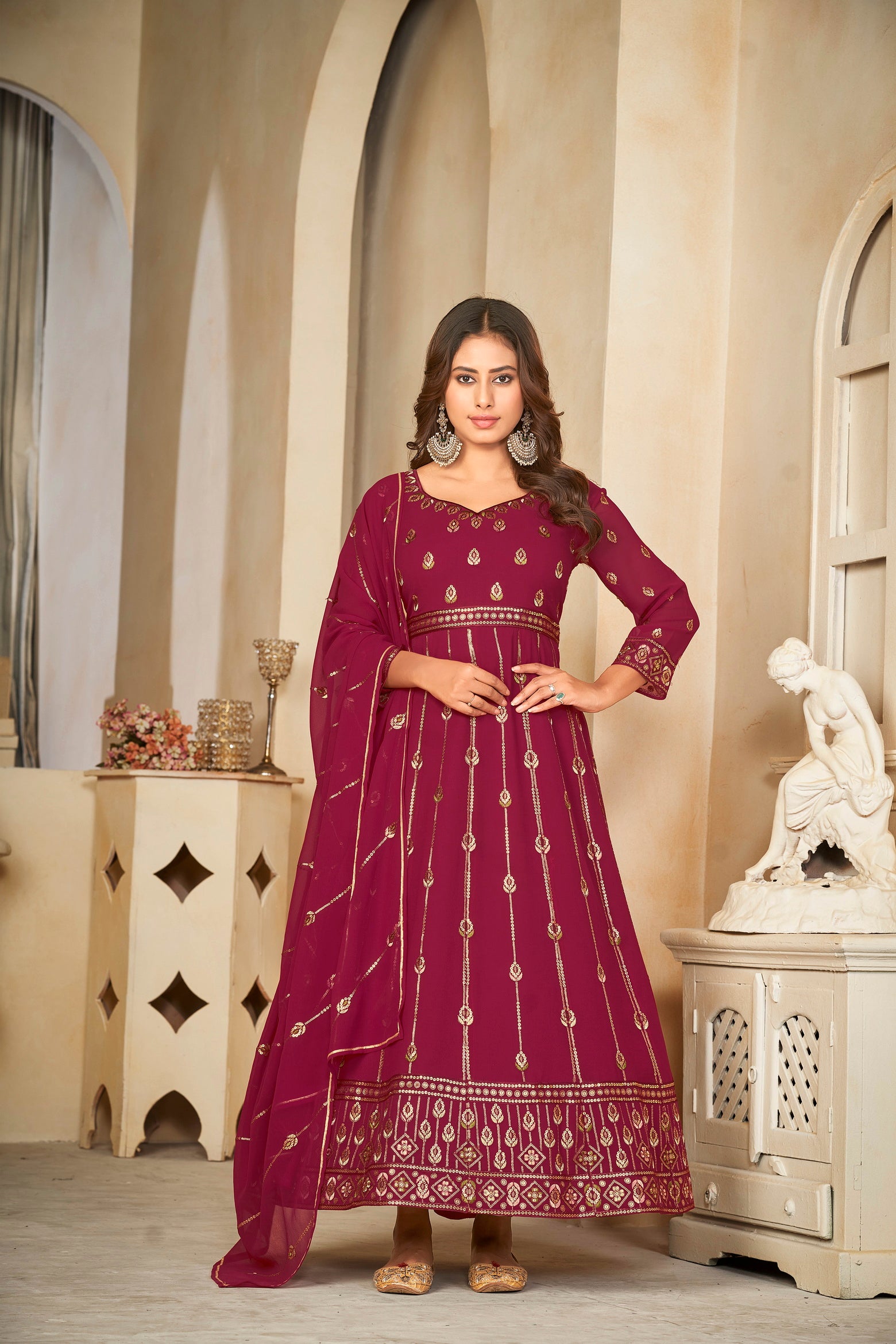 Bottle Maroon Anarkali Suit with Golden Foil Print