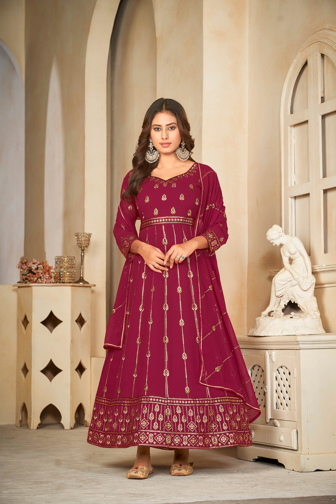 Bottle Maroon Anarkali Suit with Golden Foil Print