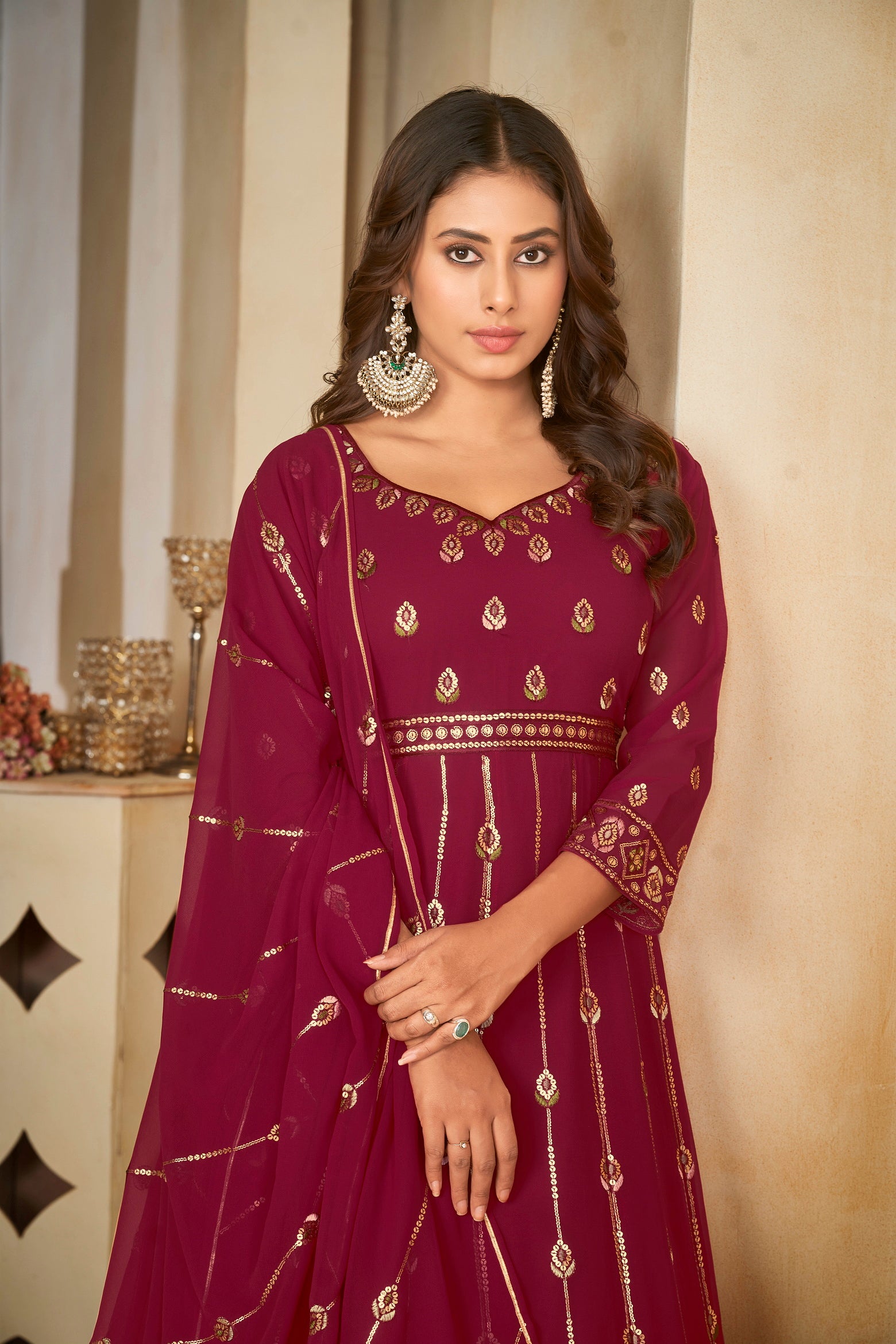 Bottle Maroon Anarkali Suit with Golden Foil Print
