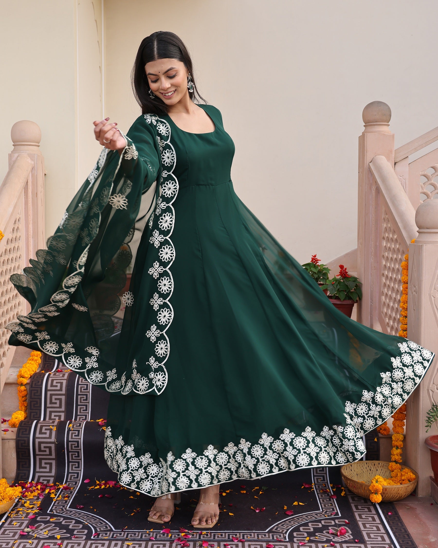 Green Anarkali Suit with White Floral Border Embroidery