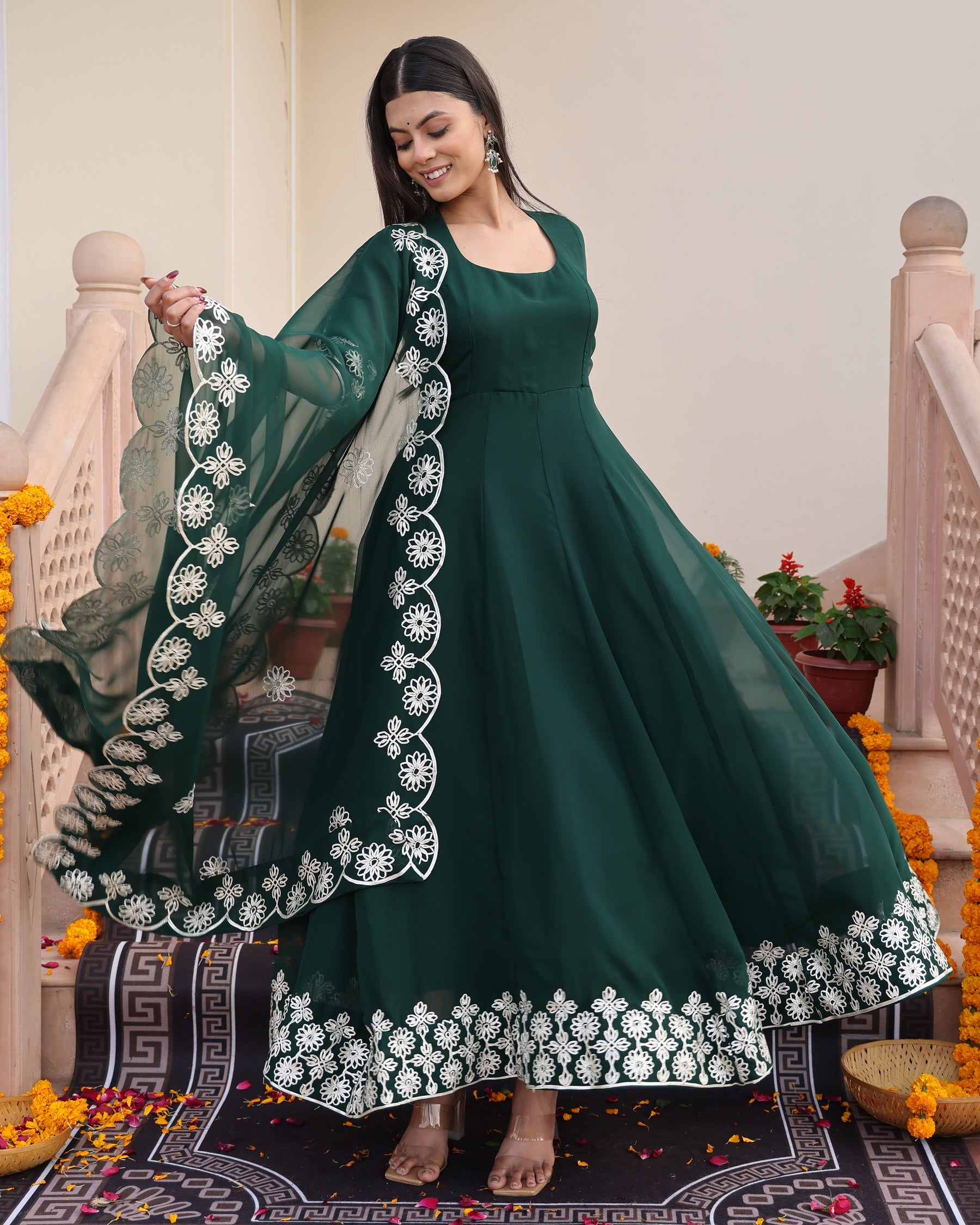 Green Anarkali Suit with White Floral Border Embroidery