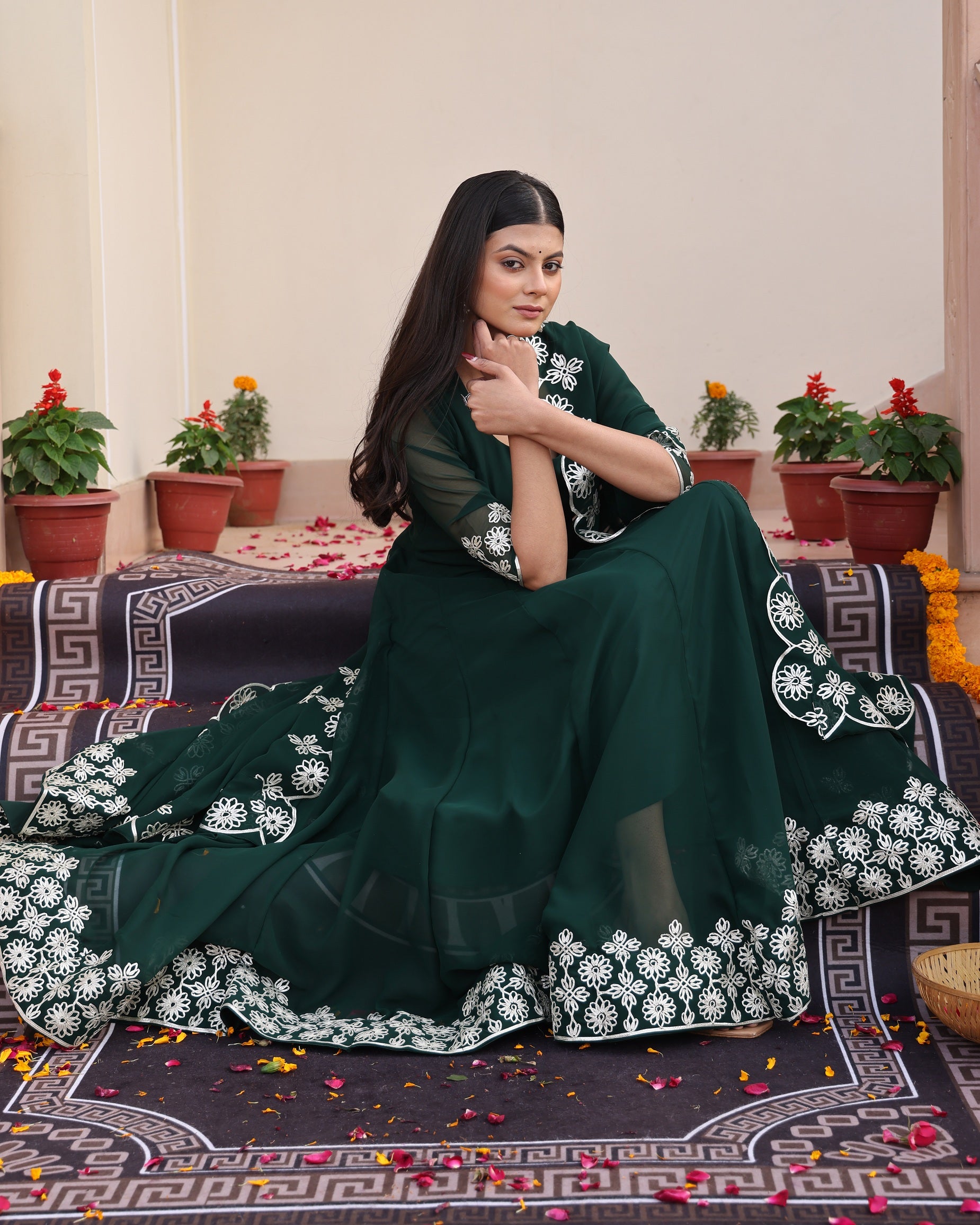 Green Anarkali Suit with White Floral Border Embroidery