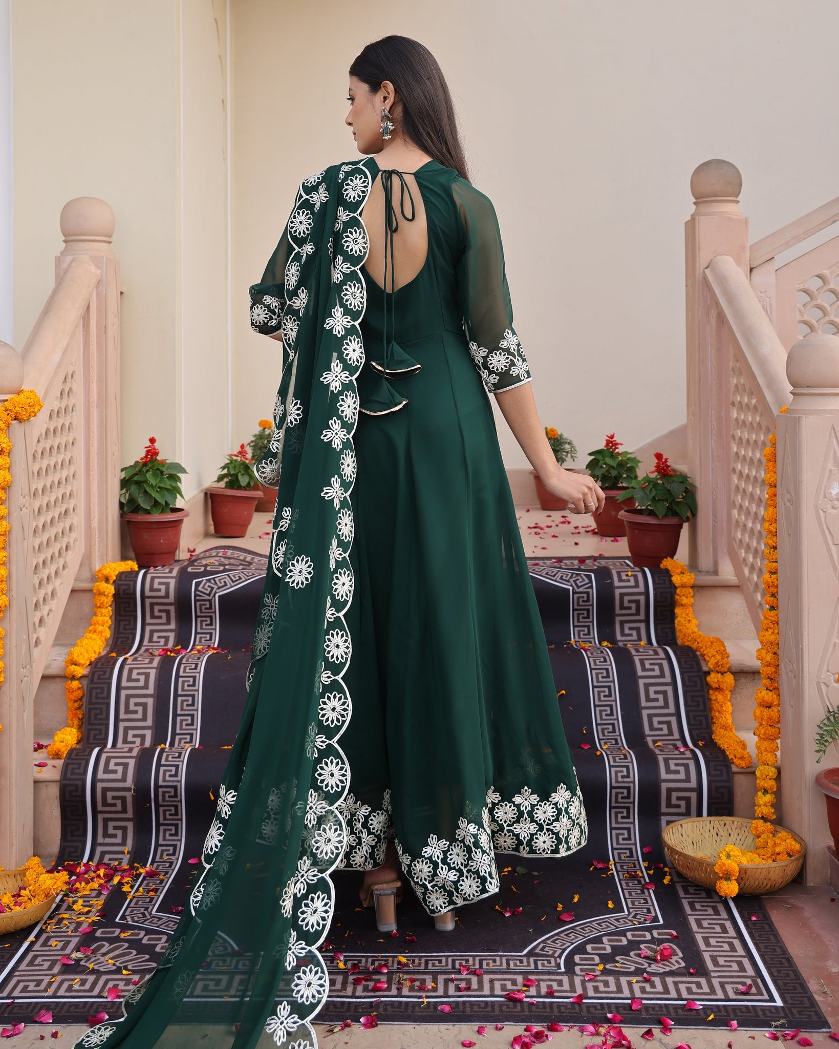 Green Anarkali Suit with White Floral Border Embroidery