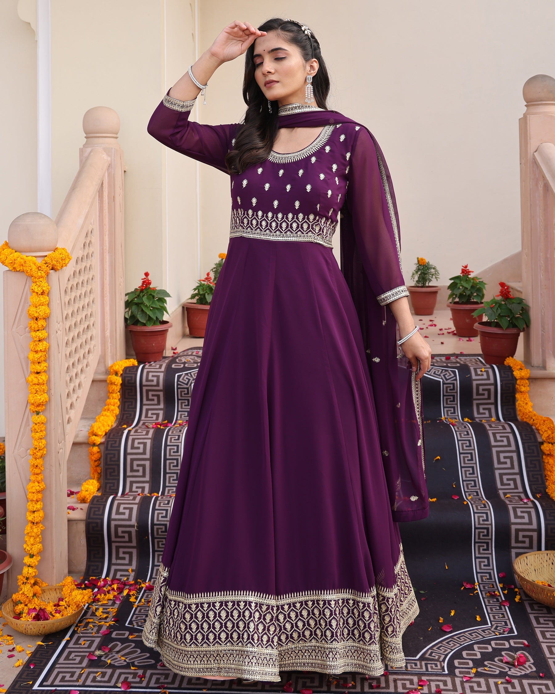 Purple Anarkali Suit with White Floral Border Embroidery