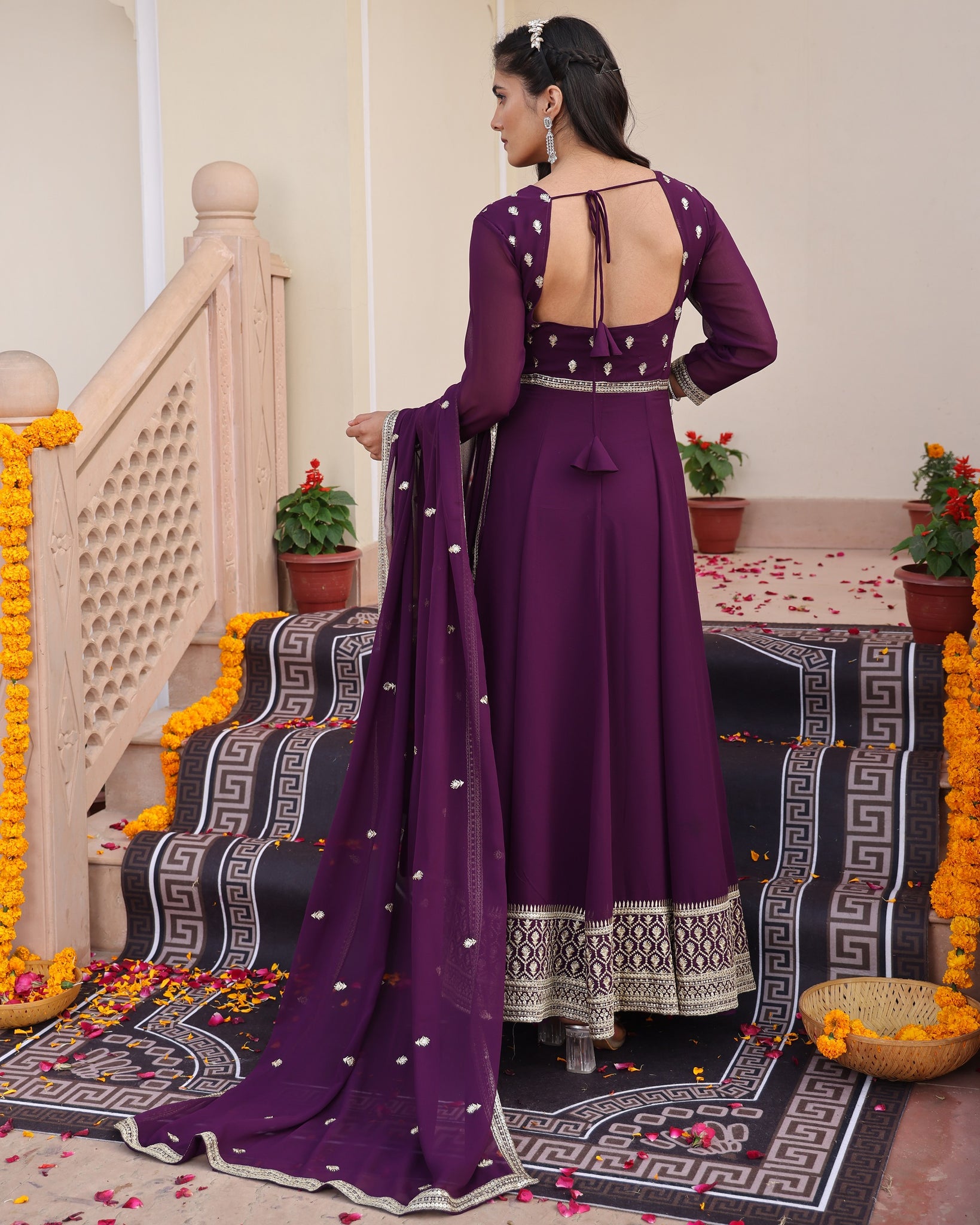 Purple Anarkali Suit with White Floral Border Embroidery