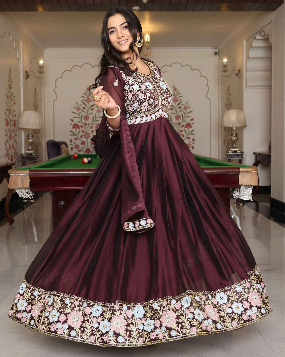 Maroon Anarkali Suit with White Floral Border Embroidery