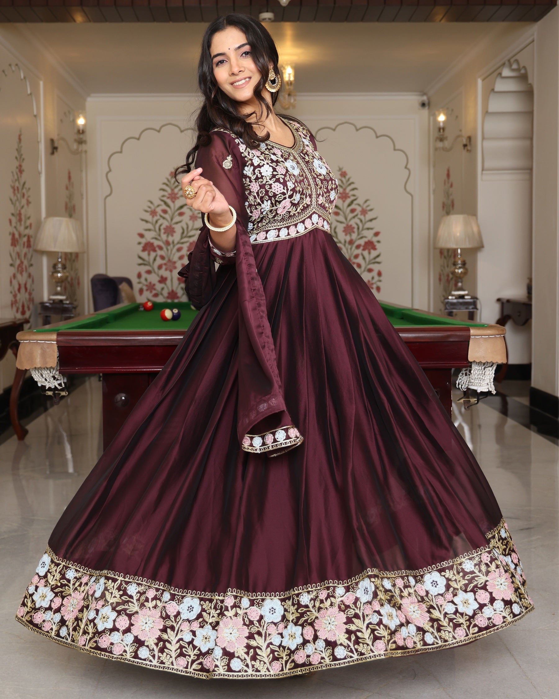 Maroon Anarkali Suit with White Floral Border Embroidery