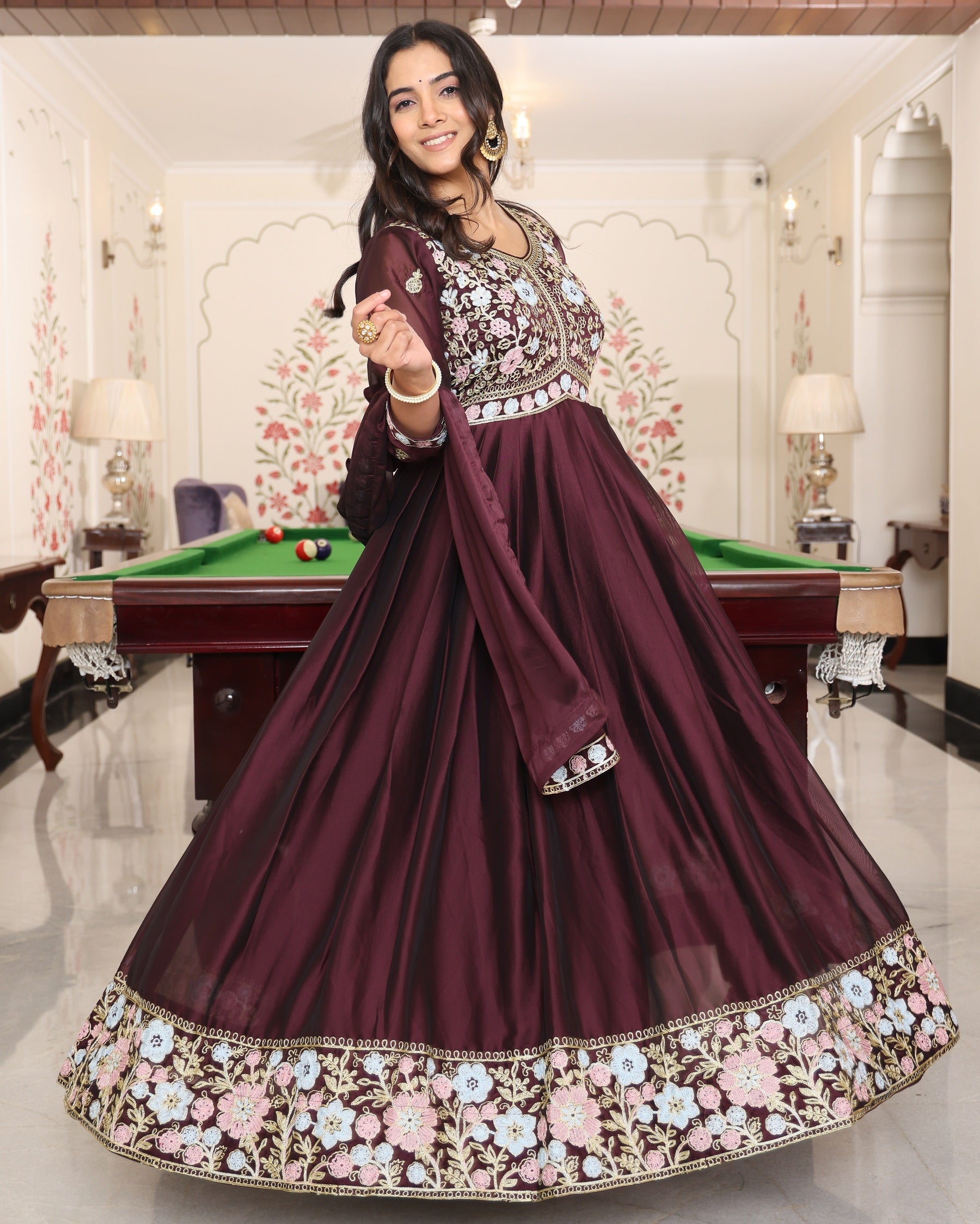 Maroon Anarkali Suit with White Floral Border Embroidery