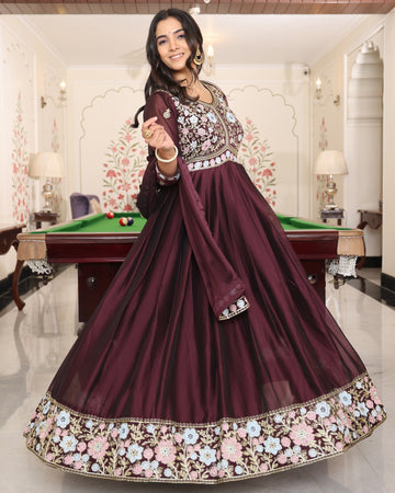 Maroon Anarkali Suit with White Floral Border Embroidery