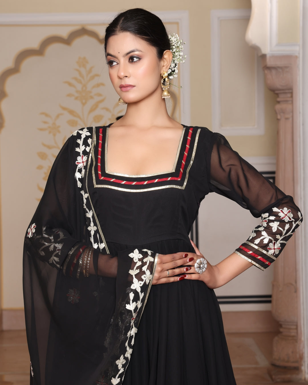 Black Anarkali Suit with Square Neckline and Floral Embroidery