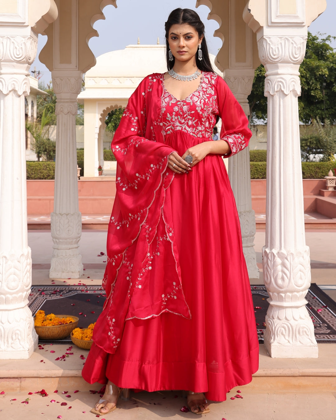 Red Anarkali Suit with Square Neckline and Floral Embroidery