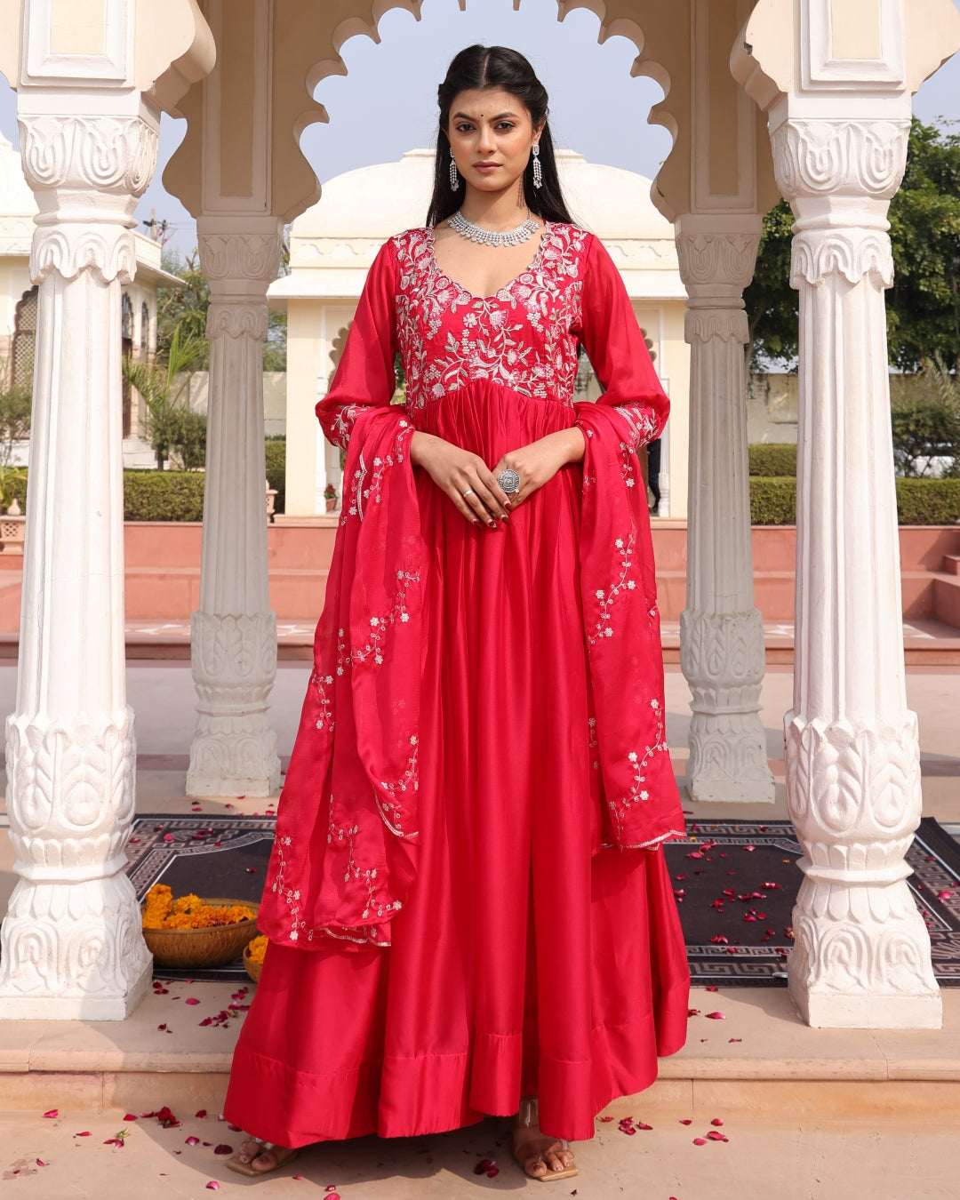 Red Anarkali Suit with Square Neckline and Floral Embroidery