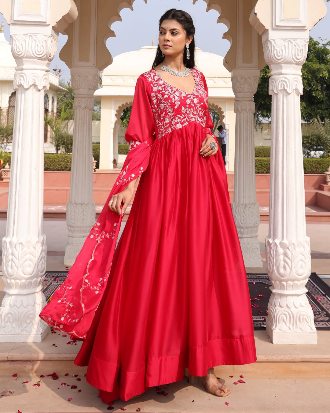 Red Anarkali Suit with Square Neckline and Floral Embroidery