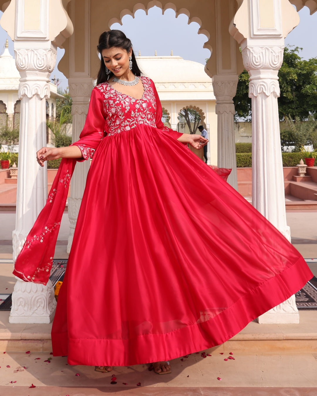 Red Anarkali Suit with Square Neckline and Floral Embroidery