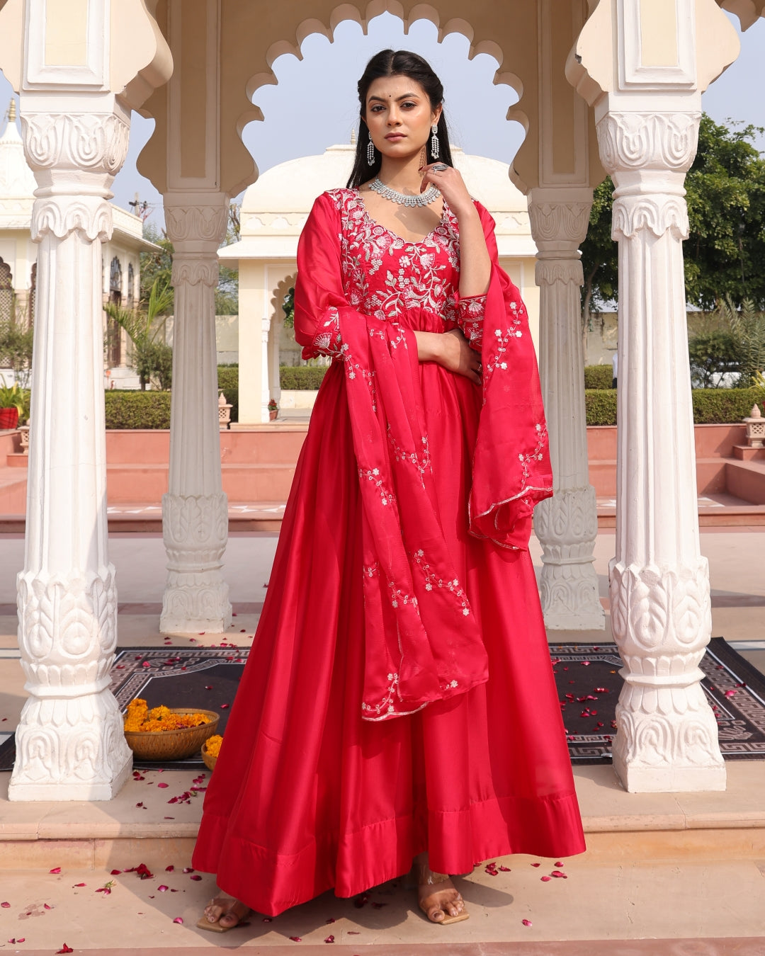 Red Anarkali Suit with Square Neckline and Floral Embroidery