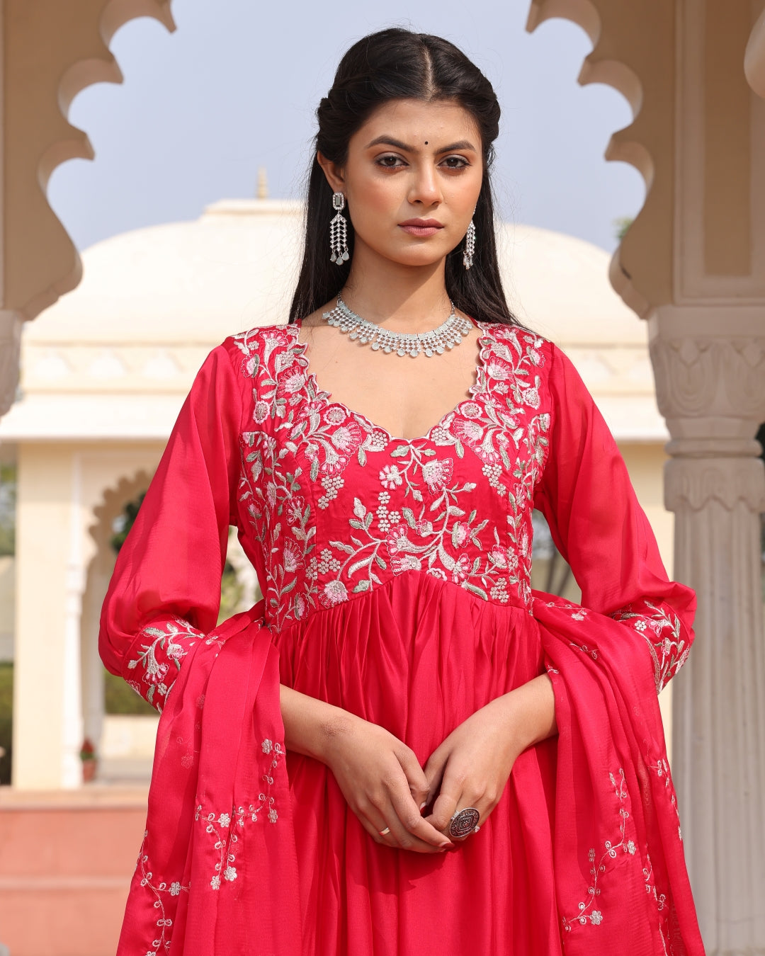 Red Anarkali Suit with Square Neckline and Floral Embroidery