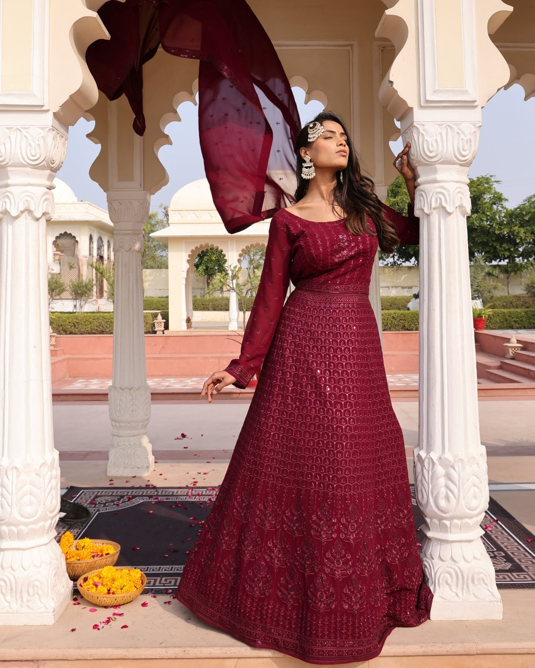 Regal Maroon Anarkali Suit with All-Over Sequins and Flared Hem
