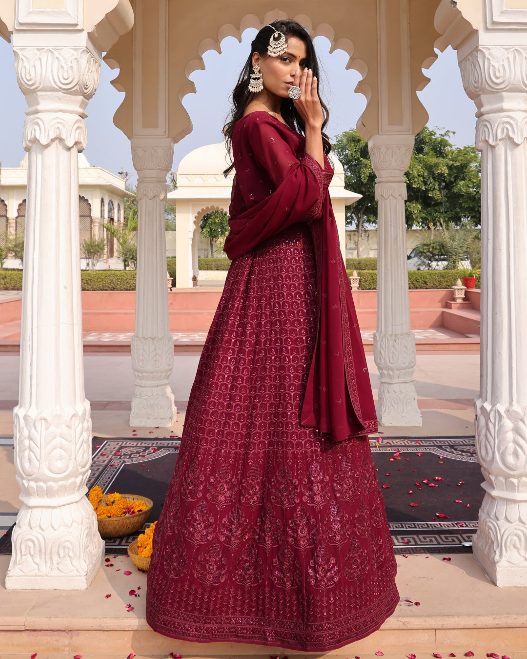 Regal Maroon Anarkali Suit with All-Over Sequins and Flared Hem