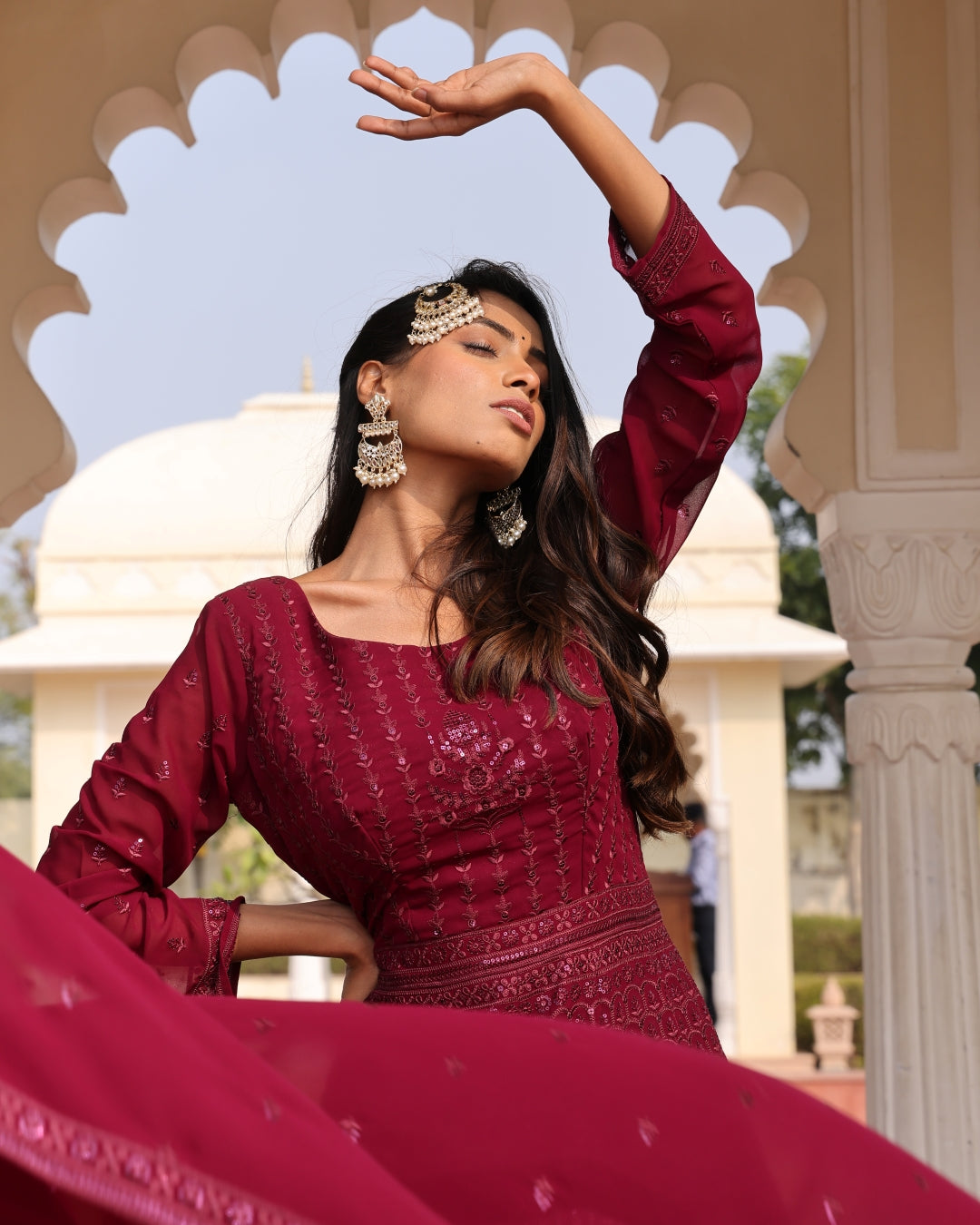Regal Maroon Anarkali Suit with All-Over Sequins and Flared Hem