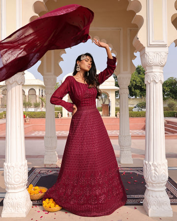 Regal Maroon Anarkali Suit with All-Over Sequins and Flared Hem