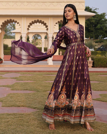 Royal Purple V-Neck Anarkali with Gota Patti and Paisley Print