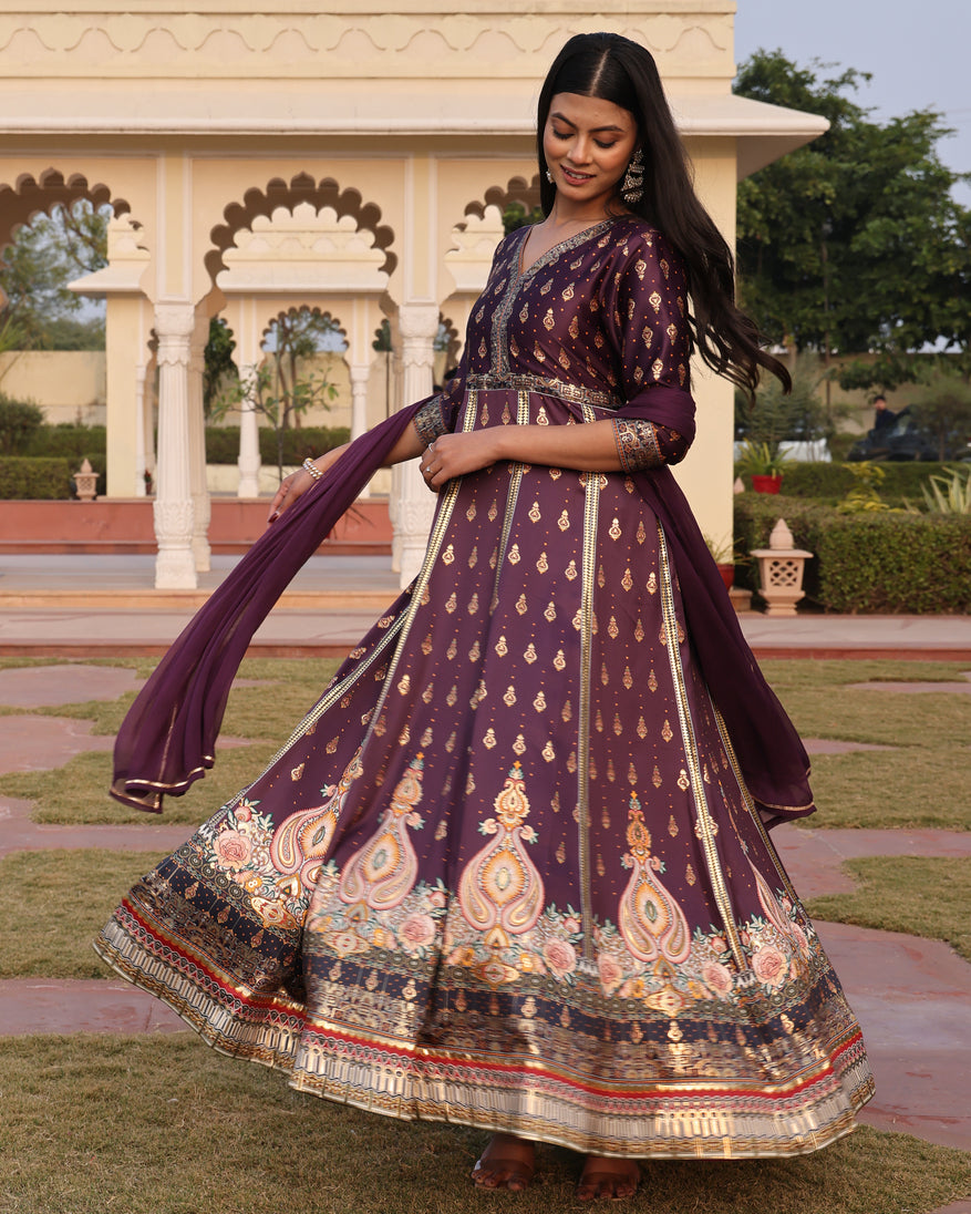 Royal Purple V-Neck Anarkali with Gota Patti and Paisley Print