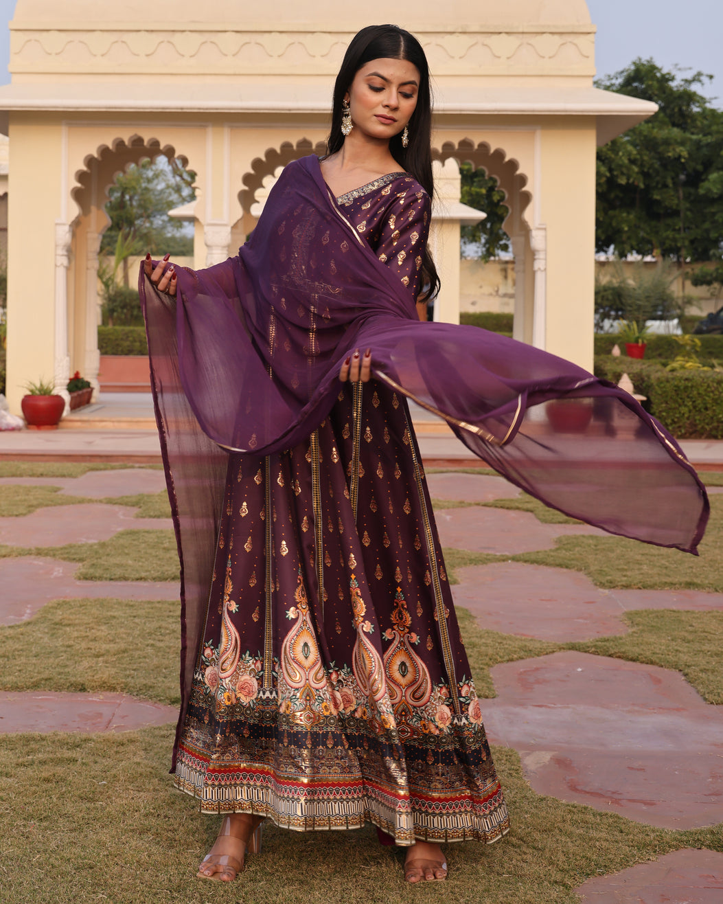 Royal Purple V-Neck Anarkali with Gota Patti and Paisley Print